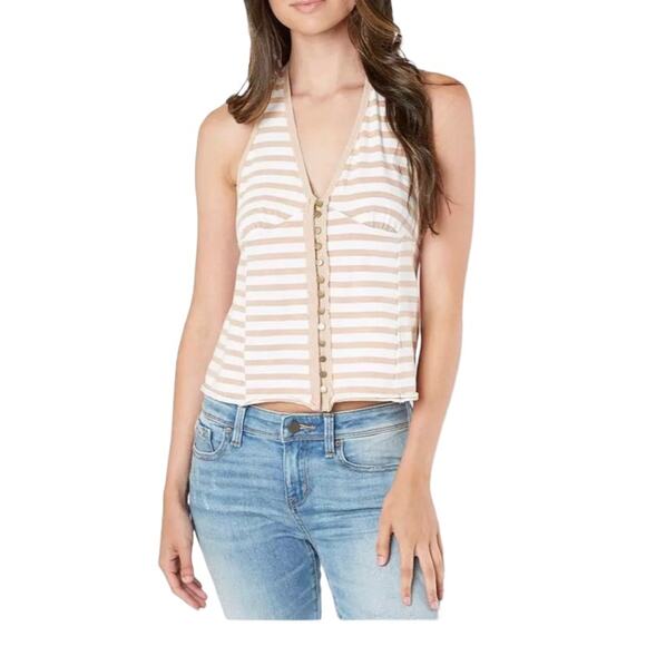 We The Free Mylo Tan White Striped Halter Tank Top Large - Picture 1 of 8